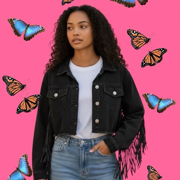 Vintage Y2K black Fringe Denim Jacket new without tags - Picture 5 of 11